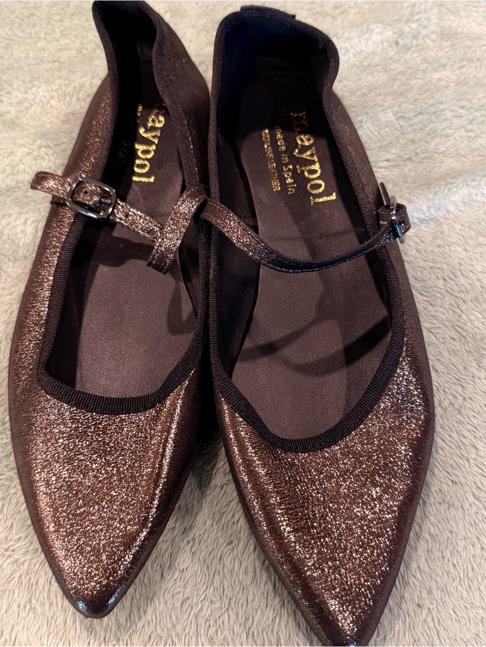 Maypol Spain Metallic Bronze Mary Jane Flats Pointed Toe EU 39 US 8 New